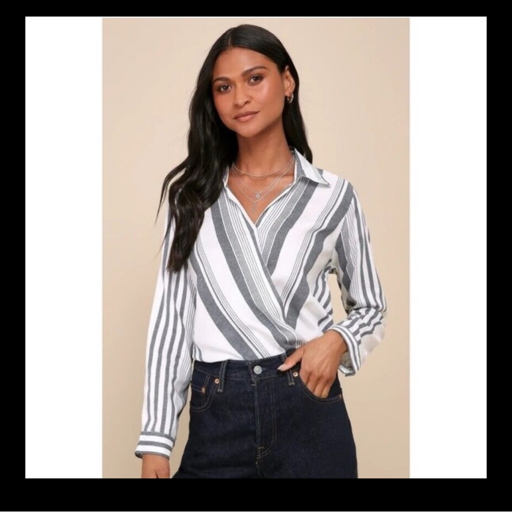 Lulu's White and Blue Notched Collar Wrap Button Down Shirt